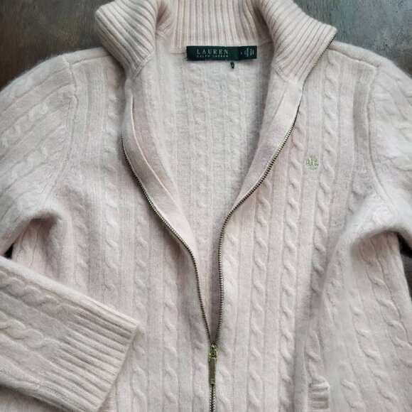 RALPH LAUREN 100% CASHMERE Pale Pink Gold Zip Logo Cable Knit Turtleneck Sweater - Picture 4 of 9